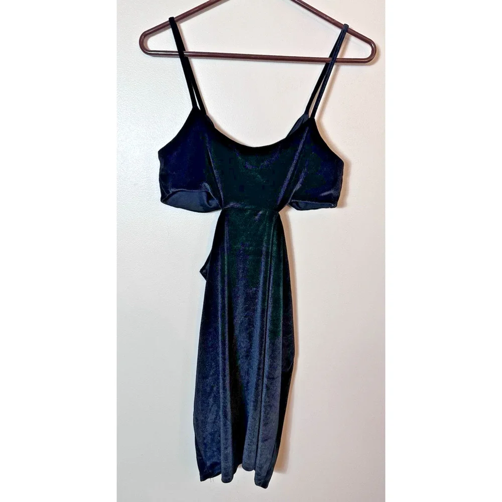 Just Polly Dress Womens Size XL Black Draped Waist Cutout Slit Midi Party Velour - Picture 3 of 9